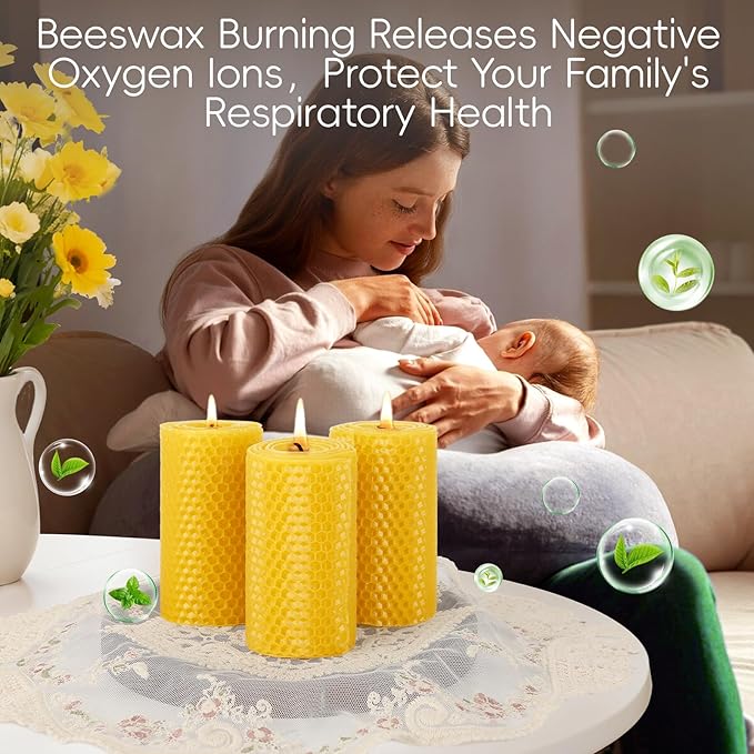 Handmade-Rolled Beeswax Candles,2x4in-9 pcs All Natural Honeycomb Beeswax Pillar Candles,180 Hours Long Burning Bees Wax Candles for Home