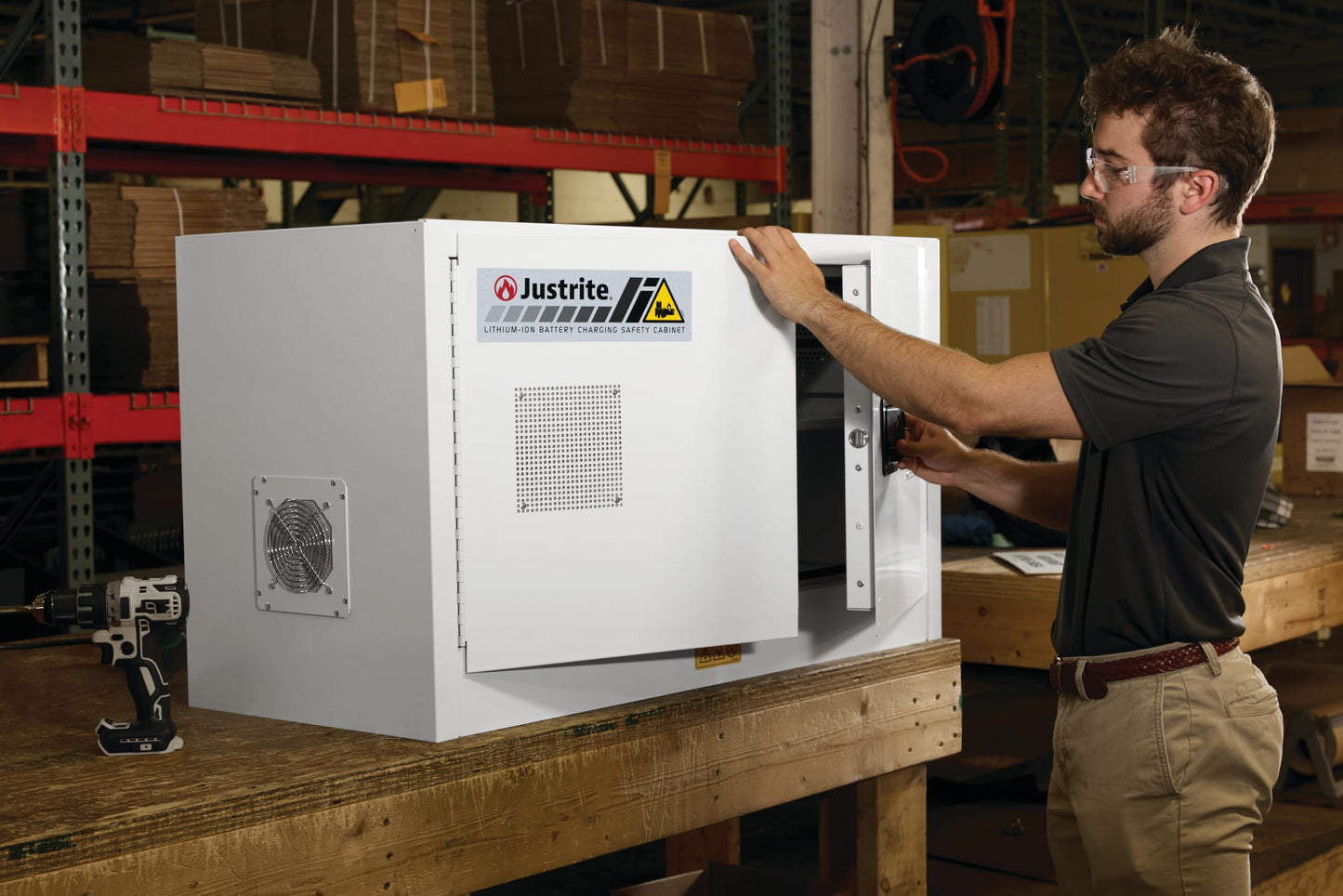Justrite Lithium Ion Battery Storage Charging Cabinet, 24"x43"x18", 8 Receptacle Charger, 2 Door Manual Close Tool Battery Storage Container, Made in The USA, Gray, 231703