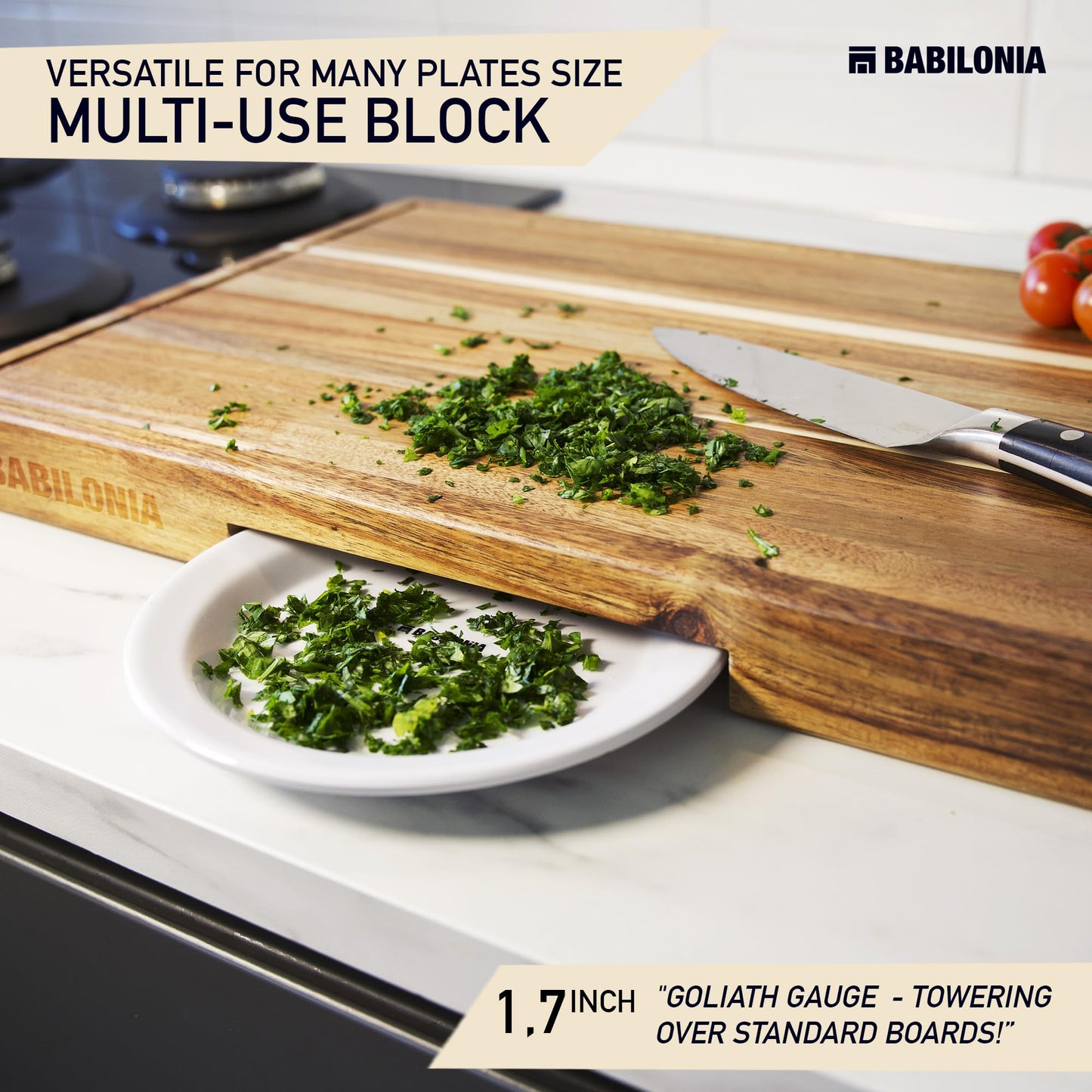 Acacia Cutting Board for Kitchen 19.7 x 12.2 Inch (ExtraThick 1.6") Non Toxic Wood Chopping Board for Meat, Cheese, Wooden Charcuterie Boards with Handle, Hardwood Butcher Block (Oil & Plate Included)
