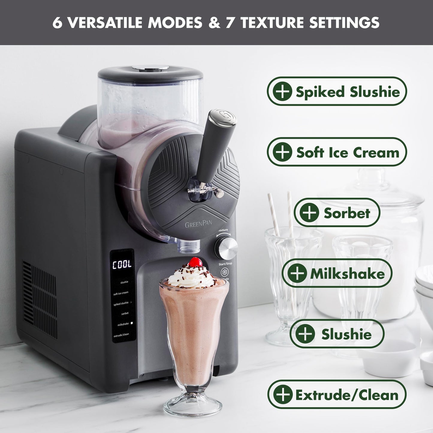 GreenPan Frost Ice Cream Maker & Slushie Machine, Soft Serve, Sorbet, Margaritas, Milkshakes, Frozen Yogurt, No Pre-Freezing, Ready in 15 Mins, 6 Modes, 7 Textures, Self-Cleaning, Family Size, Gray