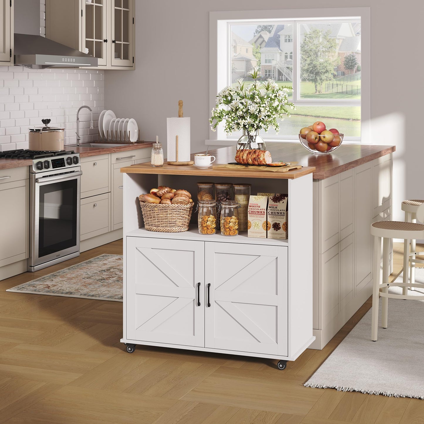 GarveeLife Rolling Kitchen Island with Storage Cabinet, 40.4'' Width Kitchen Cart, Portable Mobile Kitchen Island with Towel Rack, Wood Top and Lockable Wheels for Kitchen, Dining Room