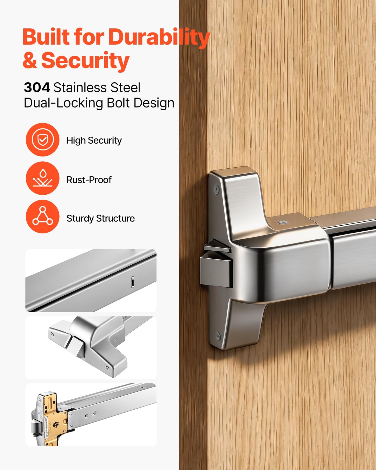 VEVOR Push Bar Panic Exit Device, 31" Stainless Steel Commercial Panic Bar for Exit Doors, Emergency Exit Door Hardware with Auto Alarm System and Sticker, for 31"-46" Wood or Metal Door, Silver