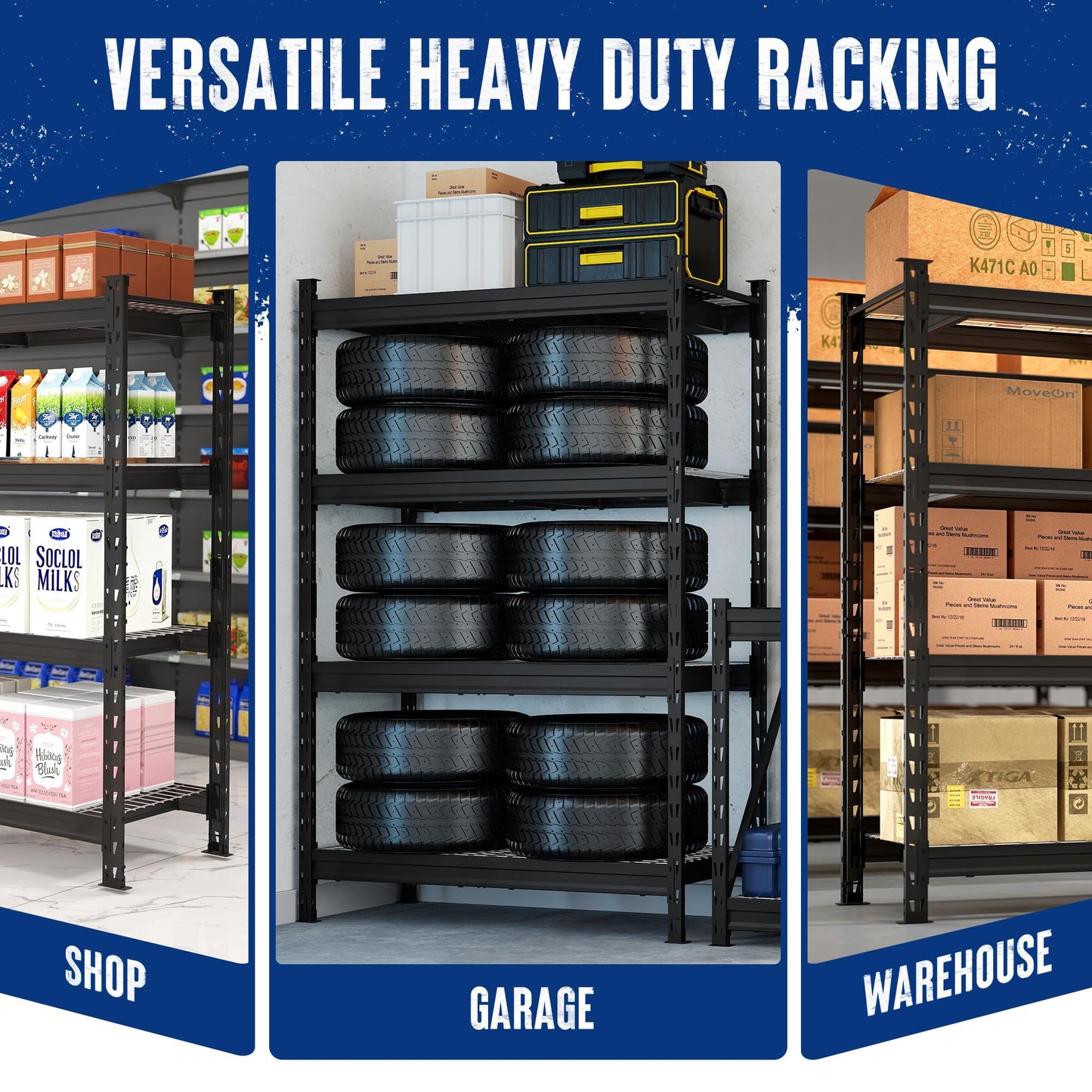 WORKPRO 77" Extra-Width Garage Shelving Units, 6400LBS Heavy Duty Utility Shelves, 4 Tier Industrial Adjustable Metal Storage Rack for Warehouse Shop Basement Organizers, 77”W x 24”D x 72”H