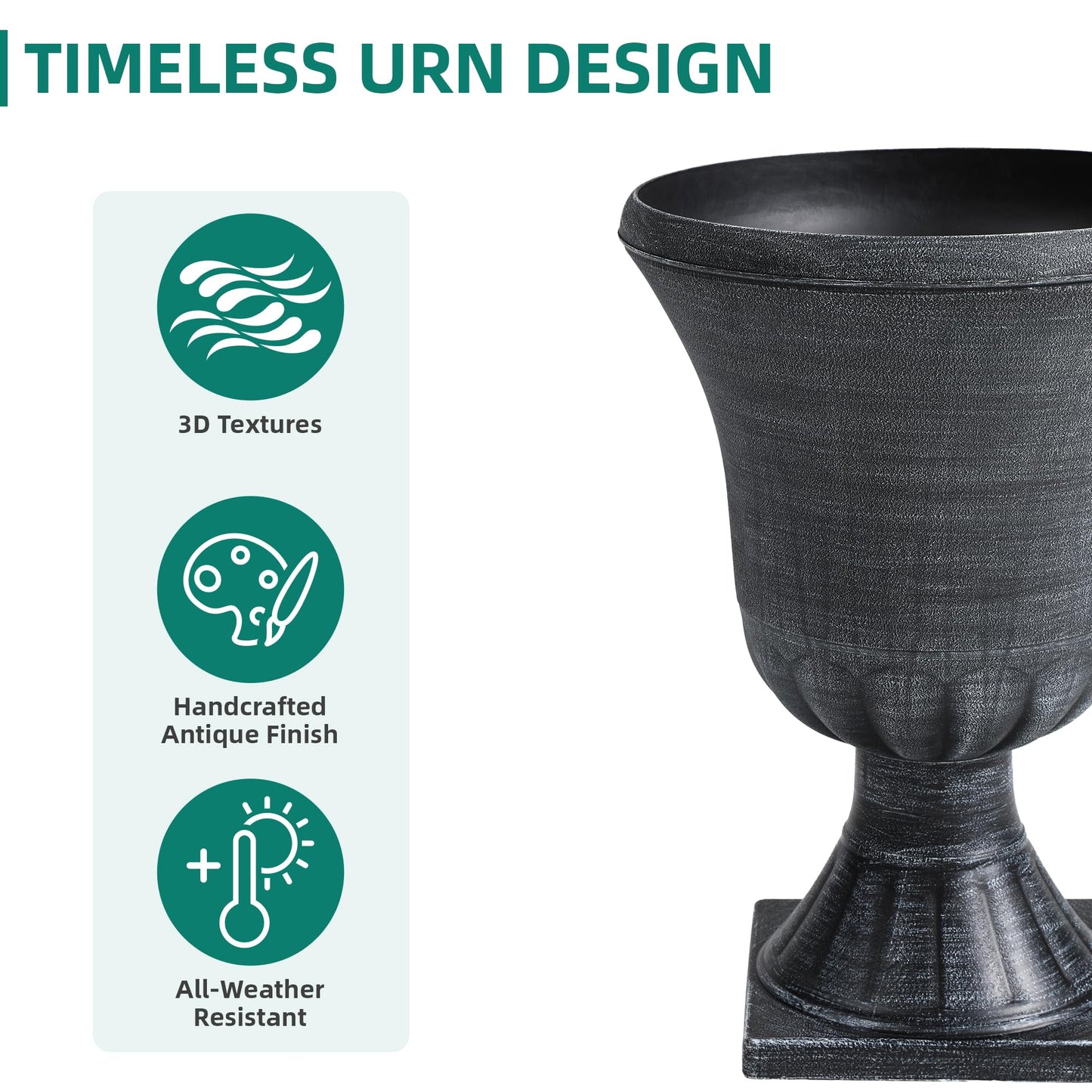 Autodaya 22" Timeless Urn Planters for Outdoor Plants, Set of 2 Plastic Large Flower Pot with Handmade Washed Black Finish, Weather-Resistant for Porch, Garden, Patio or Indoor Use