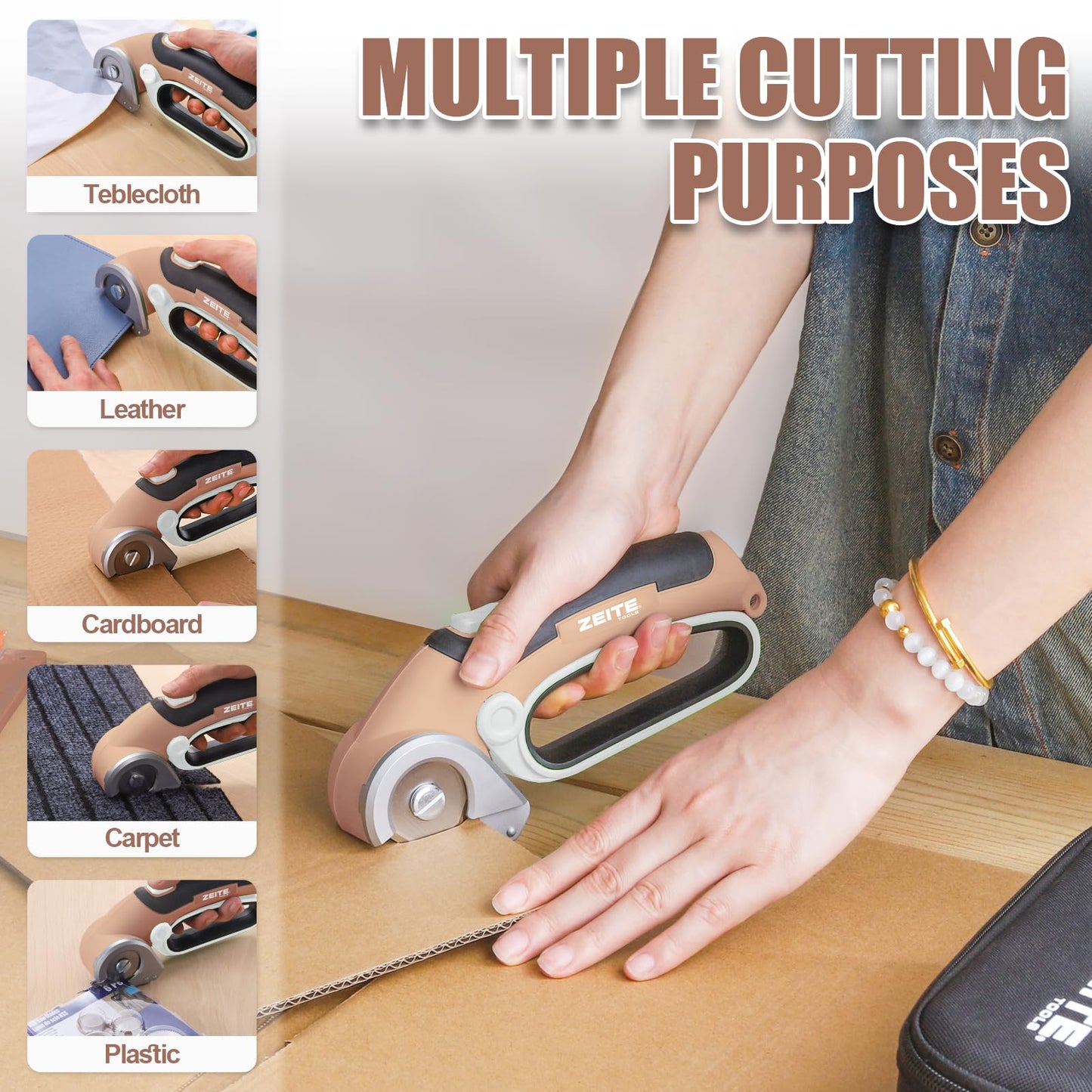 ZEITE 4V Cordless Electric Scissors Cardboard Cutter with 2 Blades,Storage Case,Rotary Cutter for Box Plastic Carpet Fabric, Easy to Hold and Safe,Mocha