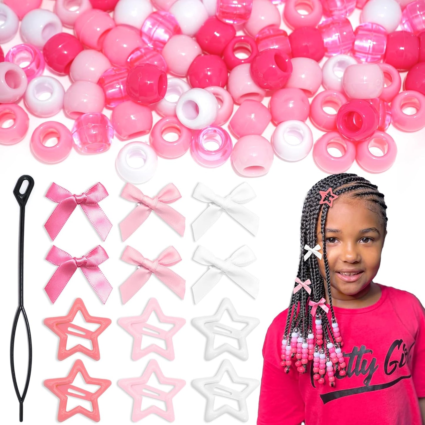 Skiennix Pink Hair Beads for Braids - 112PCS Non-Slip Acrylic Hair Jewelry | Cute Accessories for Girls
