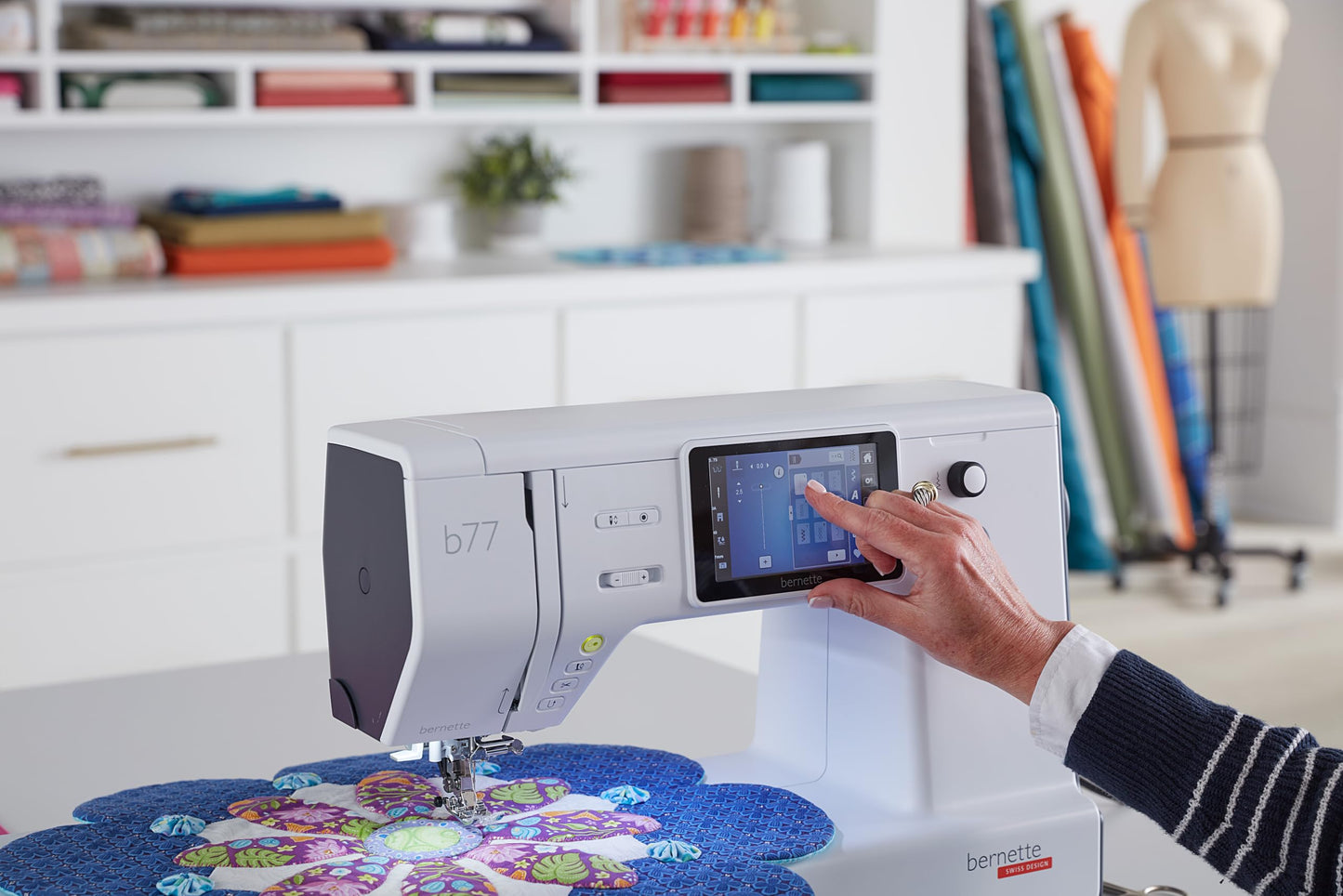 Bernette B77 Computerized Sewing Machine | Heavy Duty, Quilting & Embroidery Kit with Extension Table, Presser Feet, Bobbins, Thread Spools, Needles, Rotary Cutter, LCD Display & $200 Bonus Bundle