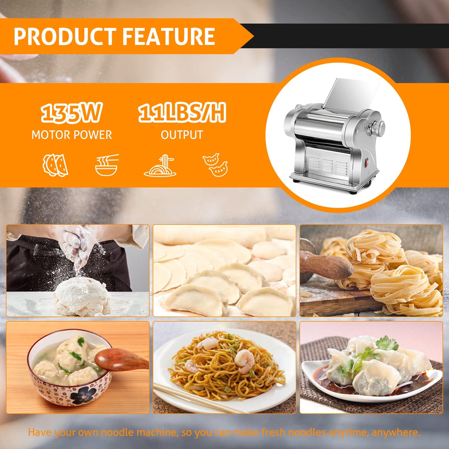 WICHEMI Electric Pasta Maker Machine Pasta Dough Spaghetti Roller Noodle Pressing Machine Stainless Steel 135W for Home Family Use (1.5mm flat noodle+4mm flat noodle)