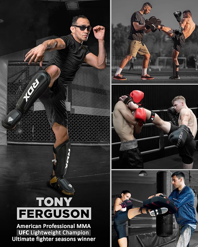 RDX Shin Guards Kickboxing Muay Thai, SATRA SMMAF Approved, Premium Maya Hide Leather, Leg Instep Protection Pads, MMA Martial Arts Kicking Sparring Training Gear, BJJ Karate Boxing Taekwondo, Black