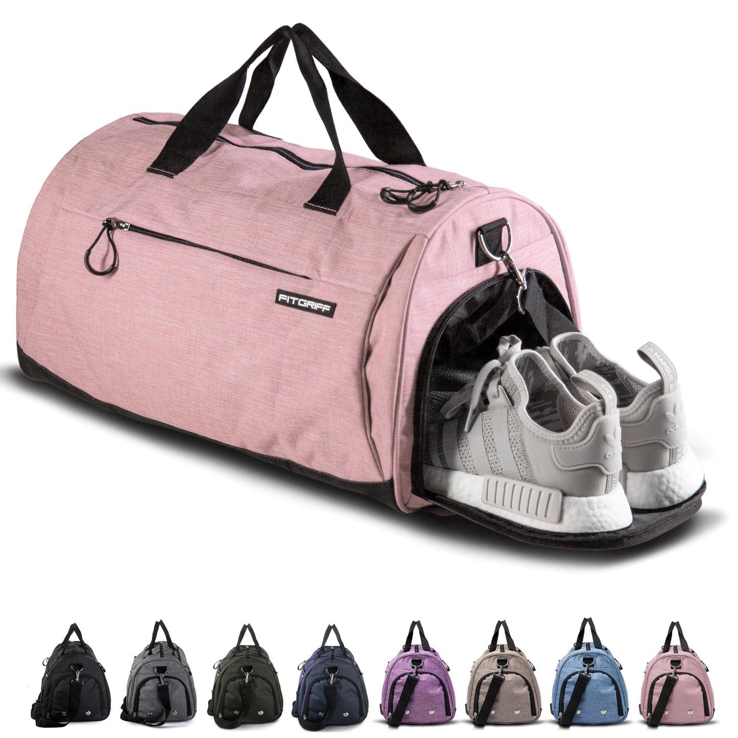 Fitgriff® Gym Bag for Men & Women with Shoe & Wet Compartment - Duffle Bag for Travel, Sports, Fitness & Workout (Pink, 23 x 12 x 12″ (M))