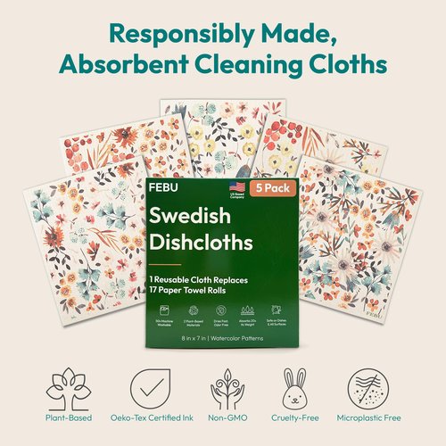 FEBU Swedish Dishcloths for Kitchen | 5 Pack Watercolor Reusable Paper Towels Washable | Swedish Dish Towels | Non-Scratch Cellulose Sponge Cloths | No Odor, Biodegradable Cleaning Cloths