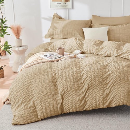 HYMOKEGE Twin Comforter Set - All Season Luxury 5-Piece Bedding in Khaki | Seersucker Design