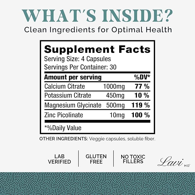 Lavi MD Potassium Magnesium Zinc Calcium Supplement ??Premium Support for Bone & Muscle Health ??Promotes Optimal Calcium Absorption ??Magnesium Potassium Zinc Aspartate ??120 Capsules