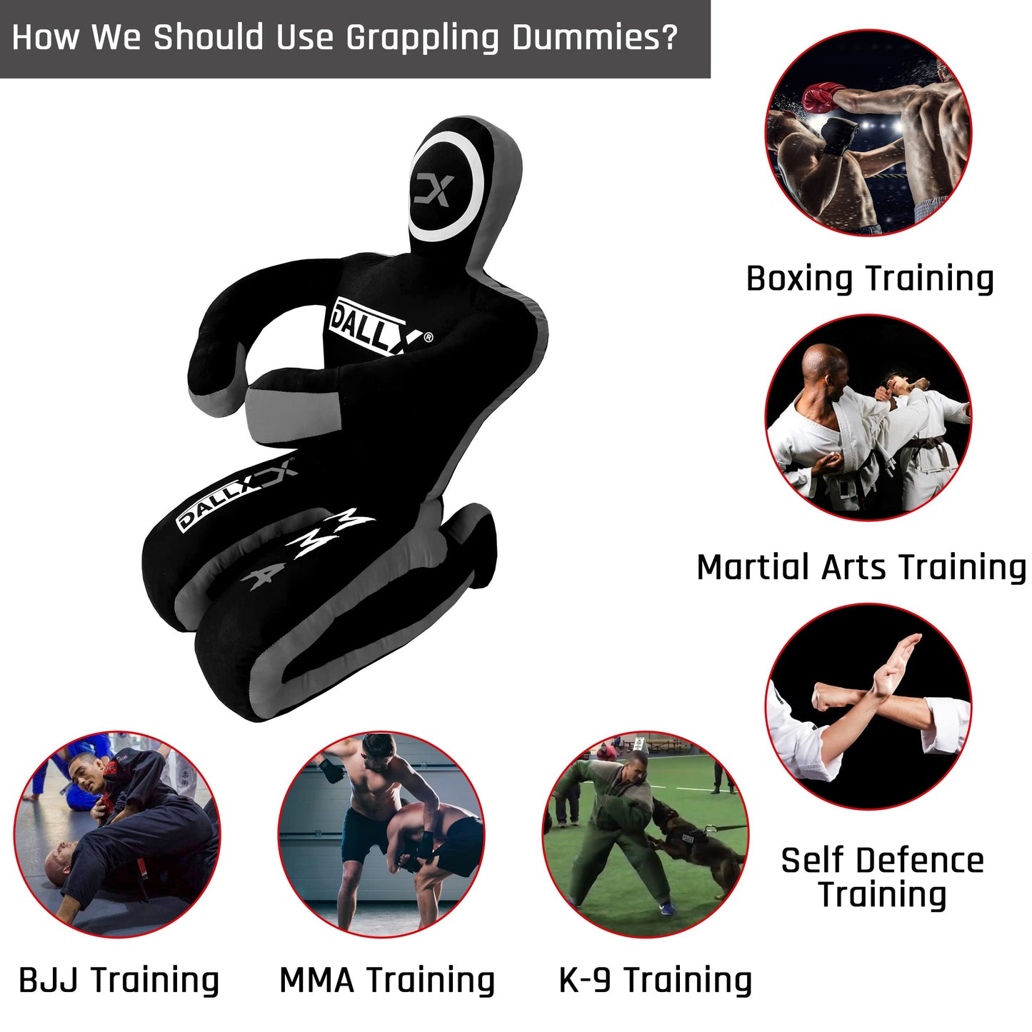 DALLX MMA Grappling Dummy BBJ Wrestling Brazilian Jiu Jitsu Punching Bag Judo Karate Throwing Boxing Fighting Dummy Self Defense Sitting Position – UNFILLED (Black Grey, 6 FT)