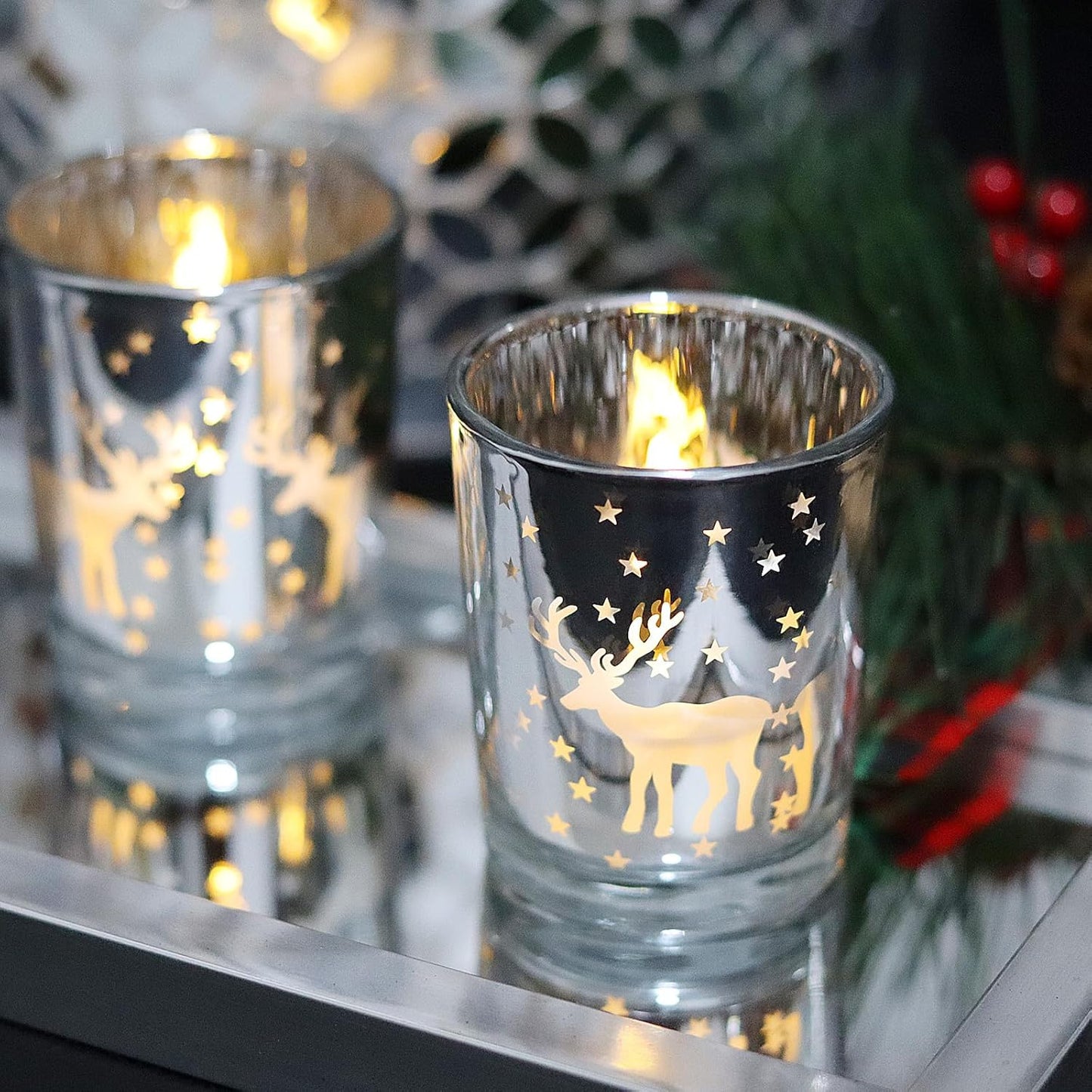 Skiennix Silver Votive Tealight Candle Holders - 12PCS Carved Reindeer Xmas Table Centerpiece Decor
