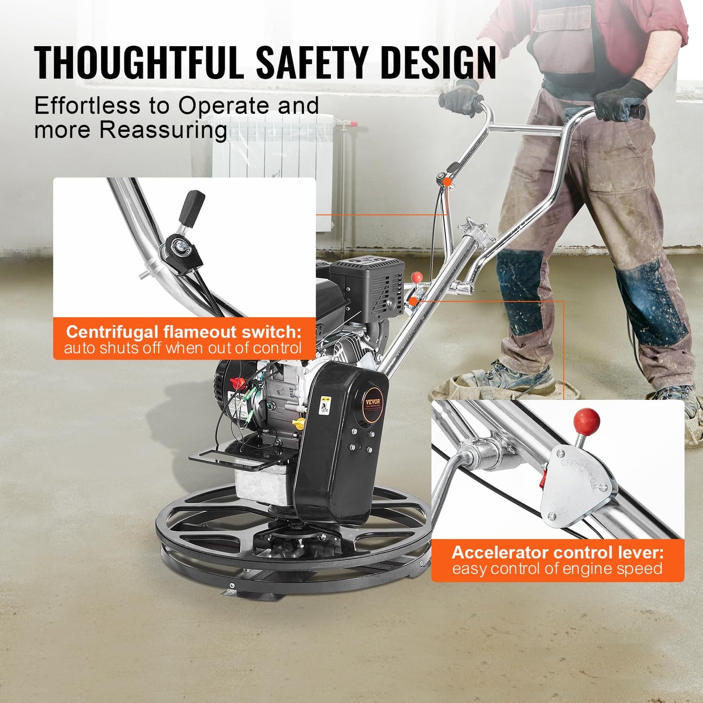 VEVOR Power Trowel 24 inch, 6HP Gas-Powered Smooth Concrete with Float Pan, Heavy Duty Commercial Screed Concrete Cement with Finishing Blade