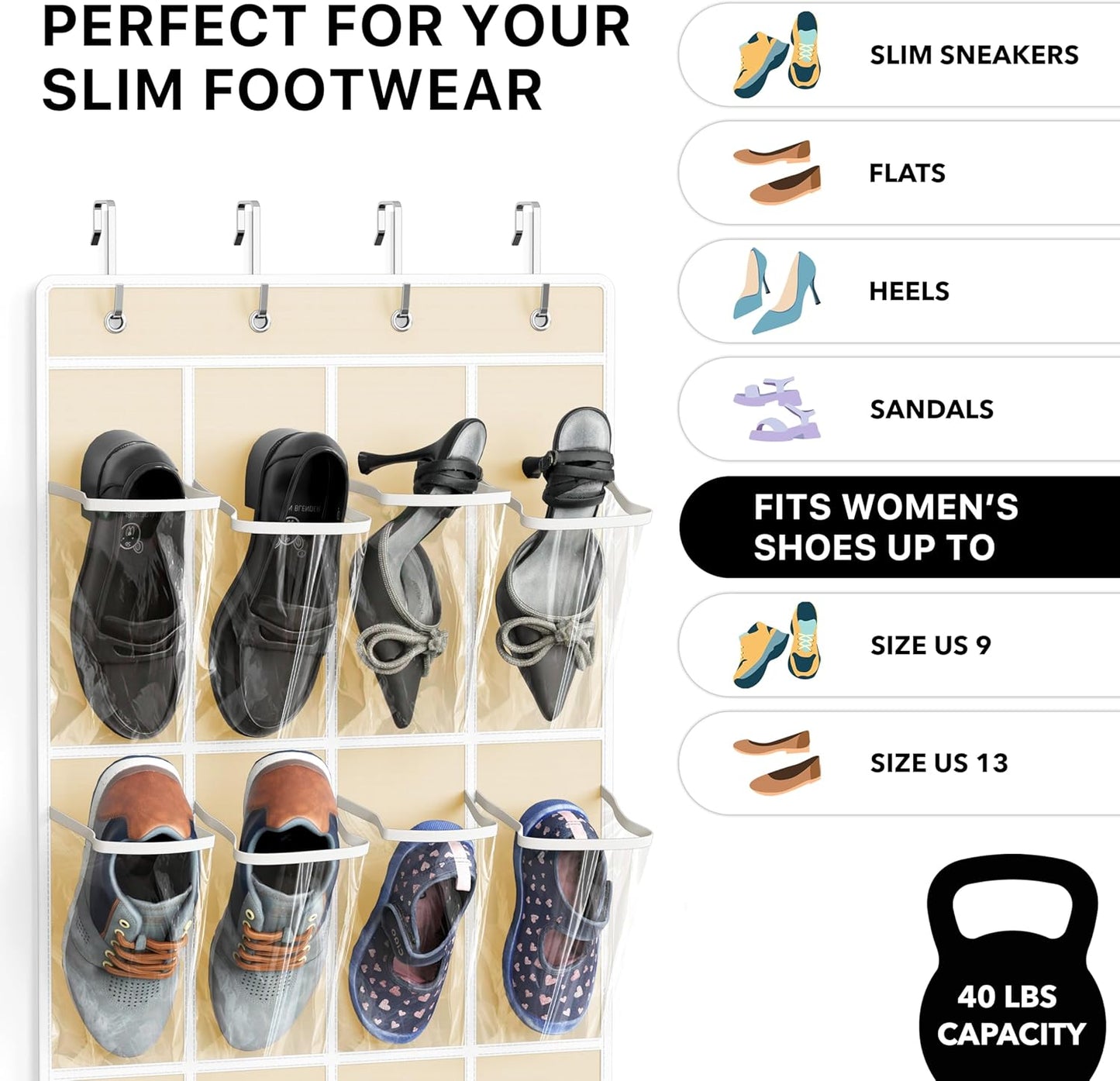 Simple Houseware 24 Pockets - Over The Door Hanging Shoe Organizer | Crystal Clear, Beige (64'' x 19'')