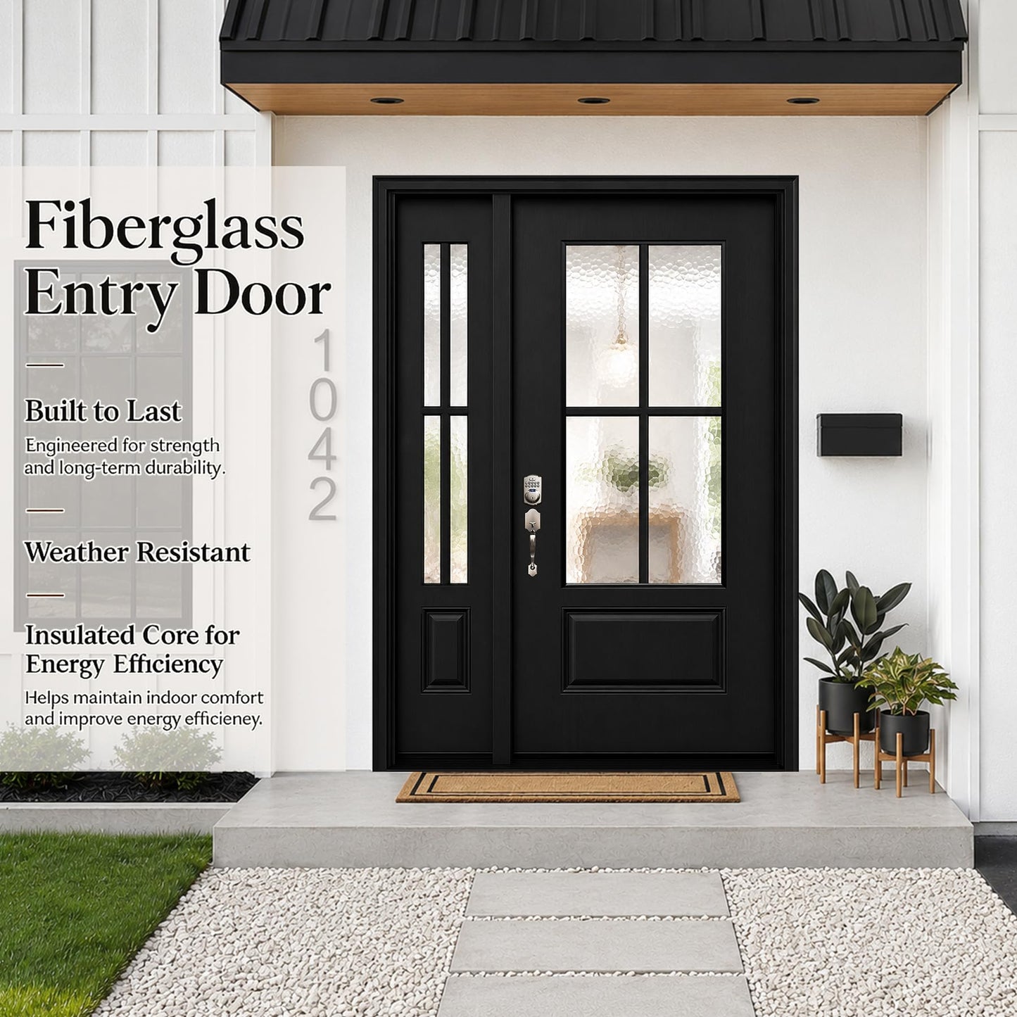 53x80in Fiberglass Front Door with 14in Sidelight, Black Exterior Entry Door for House, Right-Hand Inswing, Textured Finished with Hammered Glass Knock-Down Door, Vinyl Frame and Brickmould Included