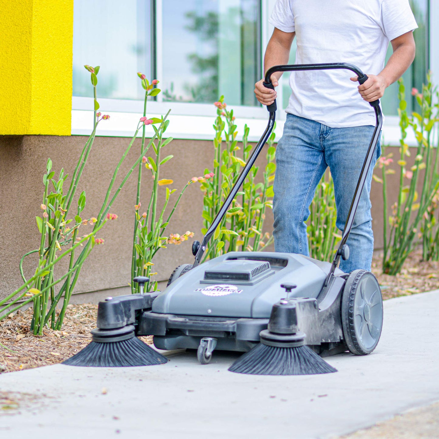 Tomahawk Industrial 38" Walk Behind Push Sweeper with Triple Power Side Brooms Floor Cleaning of Dust Litter Grass