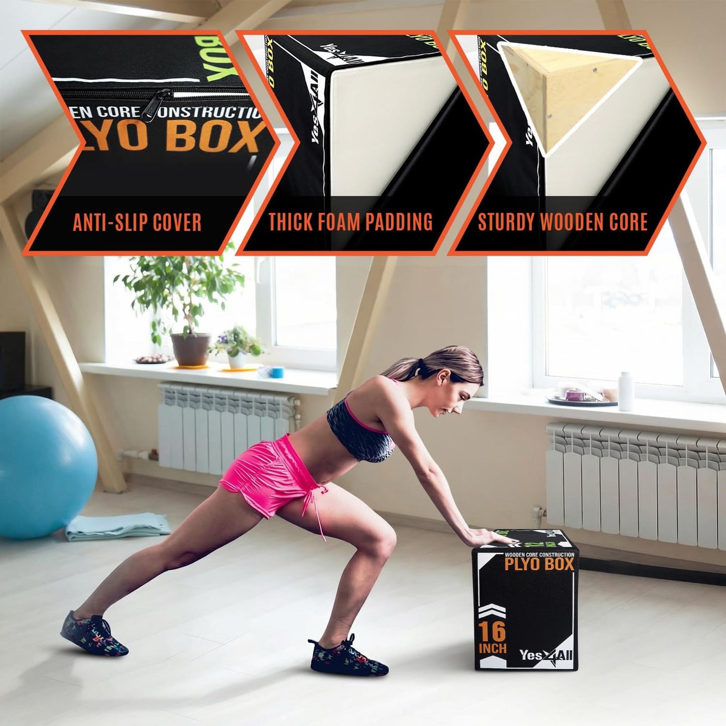Yes4All 3-in-1 Soft-Padded Plyo Box with Wooden Core, Non-Slip Multi-Use Cushioned Plyometric Jump Box with Vinyl Cover for Jumping, Conditioning, Strength Training, Black