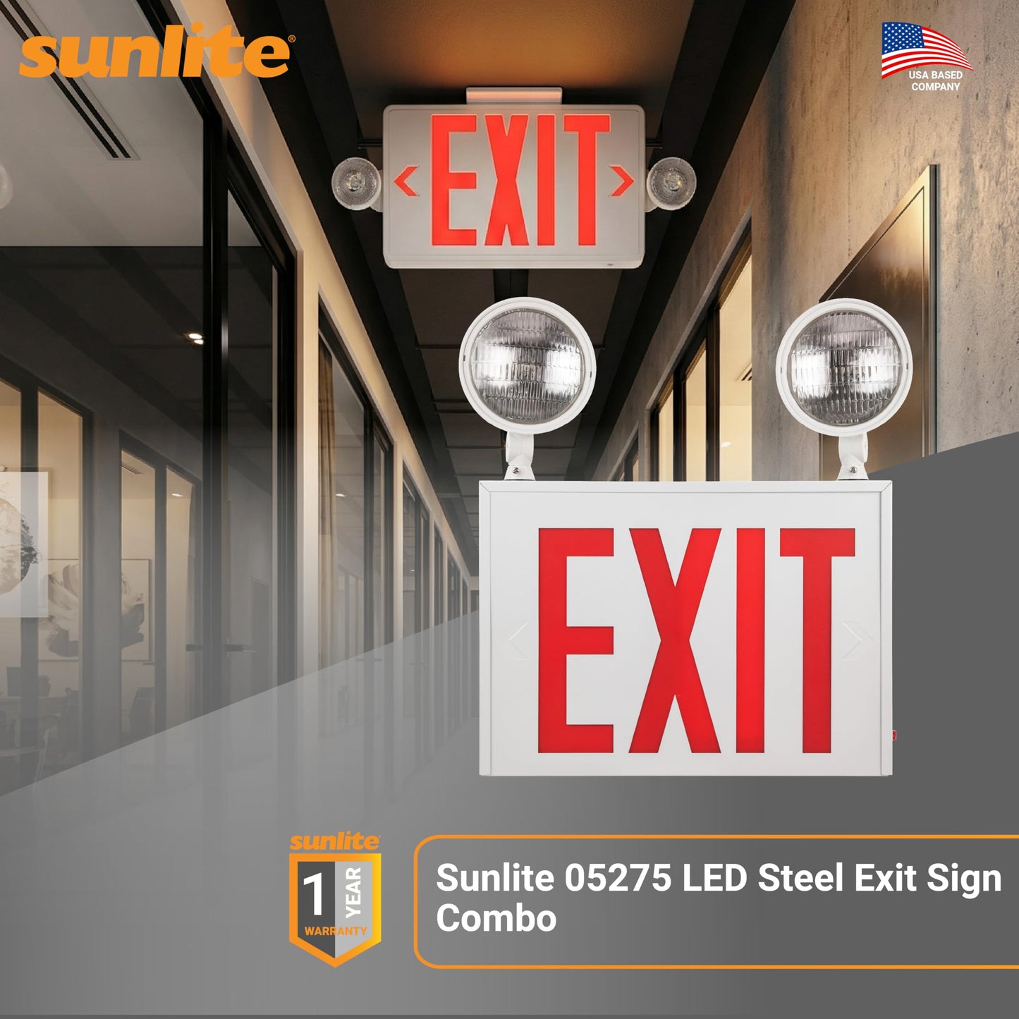 Sunlite 05275 LED Steel Exit Sign Combo, White Housing with Red Lettering, 90-Minute Battery Power Back-Up, Dual-360 Degree Adjustable Head Lamps, 200 Lumens, 120-277V, Fire Safety, NYC Compliant