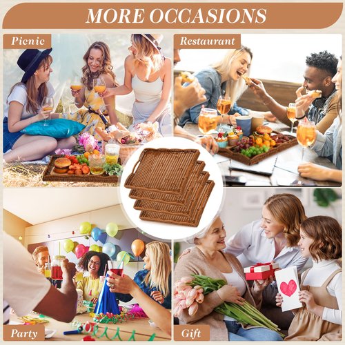 AceOrbit 4 Pcs Large Wicker Serving Tray Scalloped Wicker Rectangle Tray for Foods & Drinks, 16.5" Boho Rattan Decorative Serving Basket with Handle for Coffee Table Breakfast Modern Rustic Home Decor