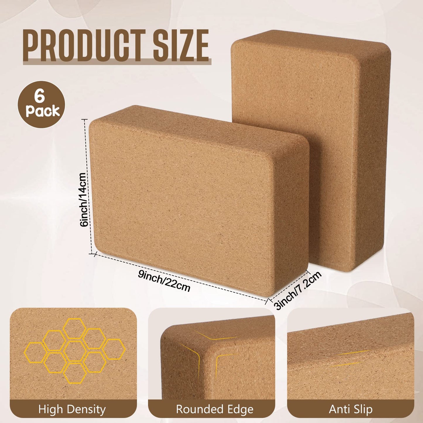 Junkin 6 Pack Cork Yoga Blocks, 9 x 6 x 3 Inches Non-slip & Anti-tilt Yoga Blocks for Supportive Stretching, Lightweight Gymnastic Cube Bricks for Exercise Pilates Workout Fitness Meditation Stability