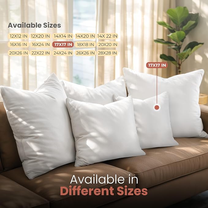 Utopia Bedding 17x17 Pillow Inserts, Set of 2, White – Indoor Decorative Throw Pillows for Bed, Sofa & Couch – Soft, Supportive & Fluffy Cushion Inserts
