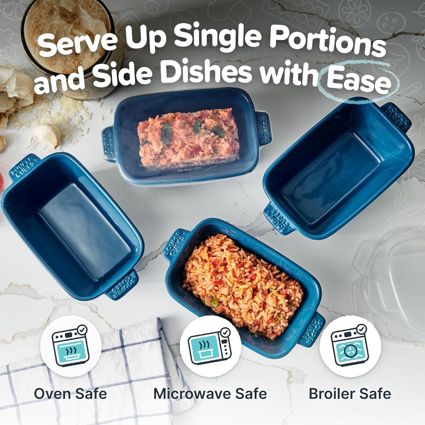 Souper Cubes Stoneware - Small 5" x 3" Ceramic Baking Dish Set of 4 with Silicone Covers | Blueberry Color, Ideal for Reheating