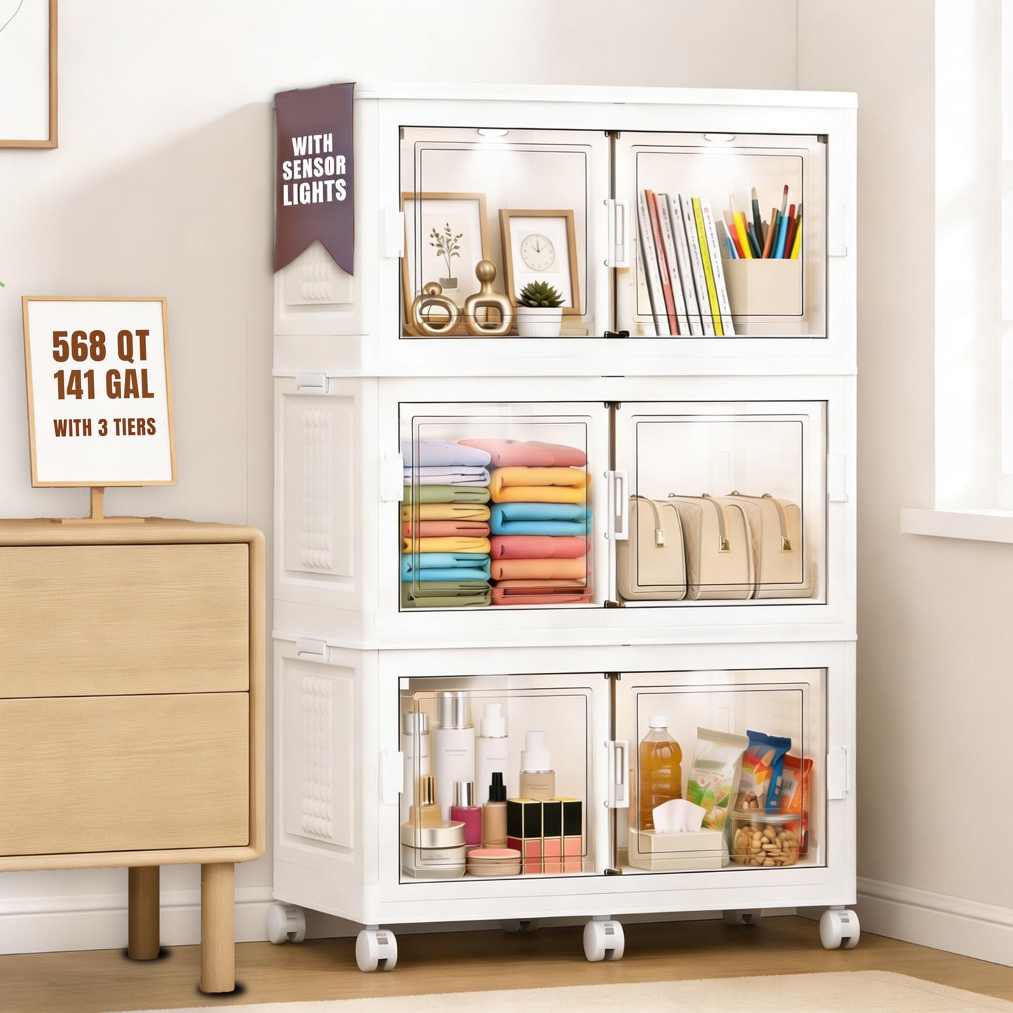 FINCHESCLUB 568QT/141GAL 3 Tier Stackable Storage Bins, Foldable Cabinets with Wheels, Doors and Motion Sensor Lights, Collapsible Closet Storage Organizer, 3 Pack Cubes, White