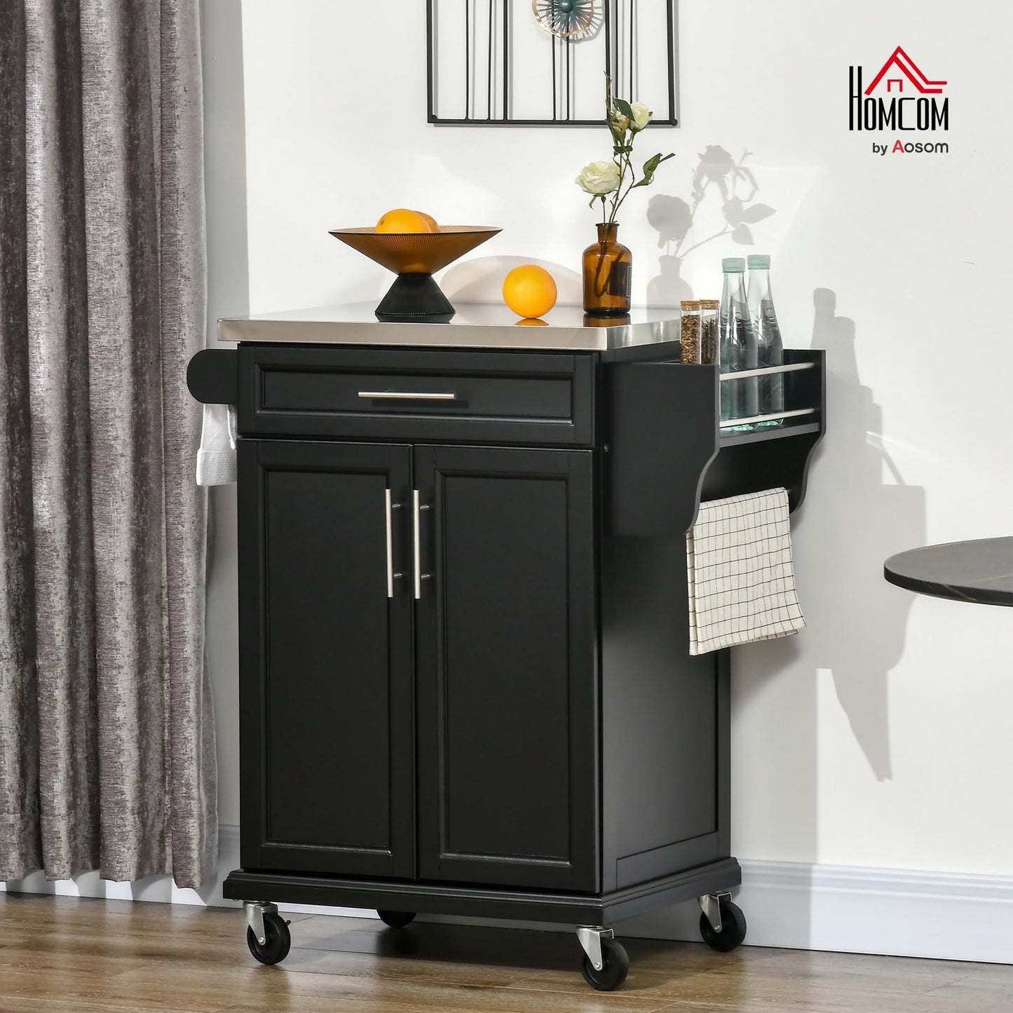 HOMCOM Kitchen Island on Wheels, Rolling Kitchen Cart with Stainless Steel Countertop, Drawer, Towel Rack and Spice Rack, Utility Storage Trolley, Black