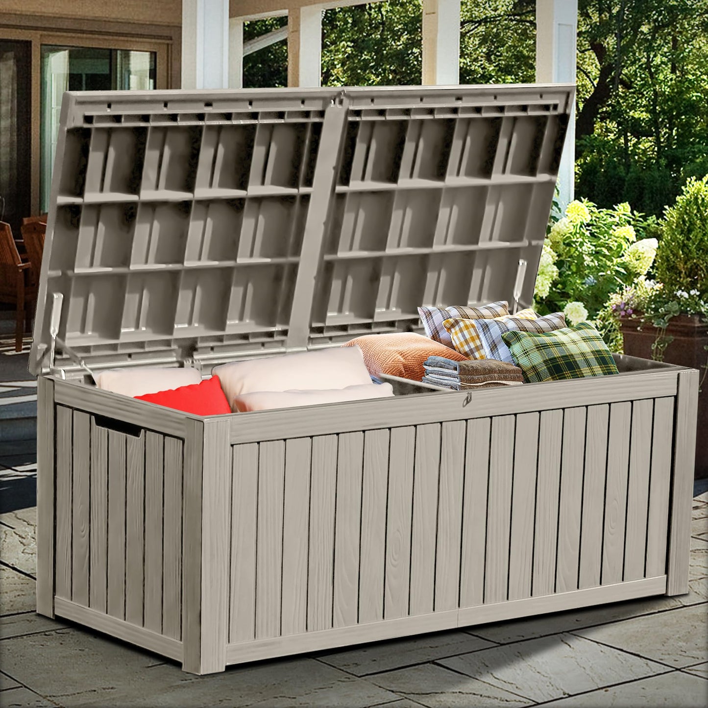 YITAHOME 180 Gallon Large Outdoor Storage XL Deck Box w/Divider for Patio Furniture,Outdoor Cushions, Garden Tools, Sports Equipment and Pool Supplies, Waterproof, Resin, Lockable, Taupe