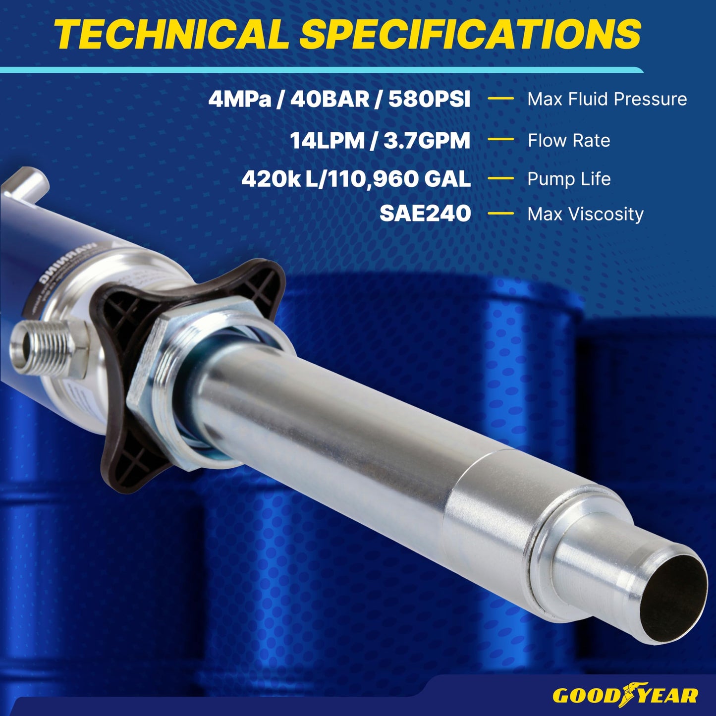 Goodyear Oil Transfer Pump Air Operated Pneumatic 3.7GPM / 14LPM PRO Heavy Duty Double Action 5:1 Fast High Flow Rate for SAE240 Oils/Fluids (NOT for Gasoline or Diesel)