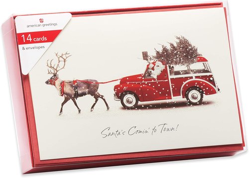 American Greetings Deluxe Christmas Cards - Festive Deer Pulling Wagon Design | 14-Count Boxed Set