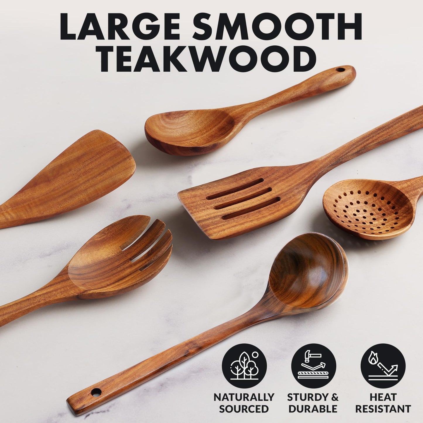Zulay Kitchen Extra-Large 6-Piece Wooden Spoon Set - Smooth Teak Cooking Utensils - Comfort-Grip Non-Stick Turner, Spatula, Skimmer, Fork, Serving Spoon