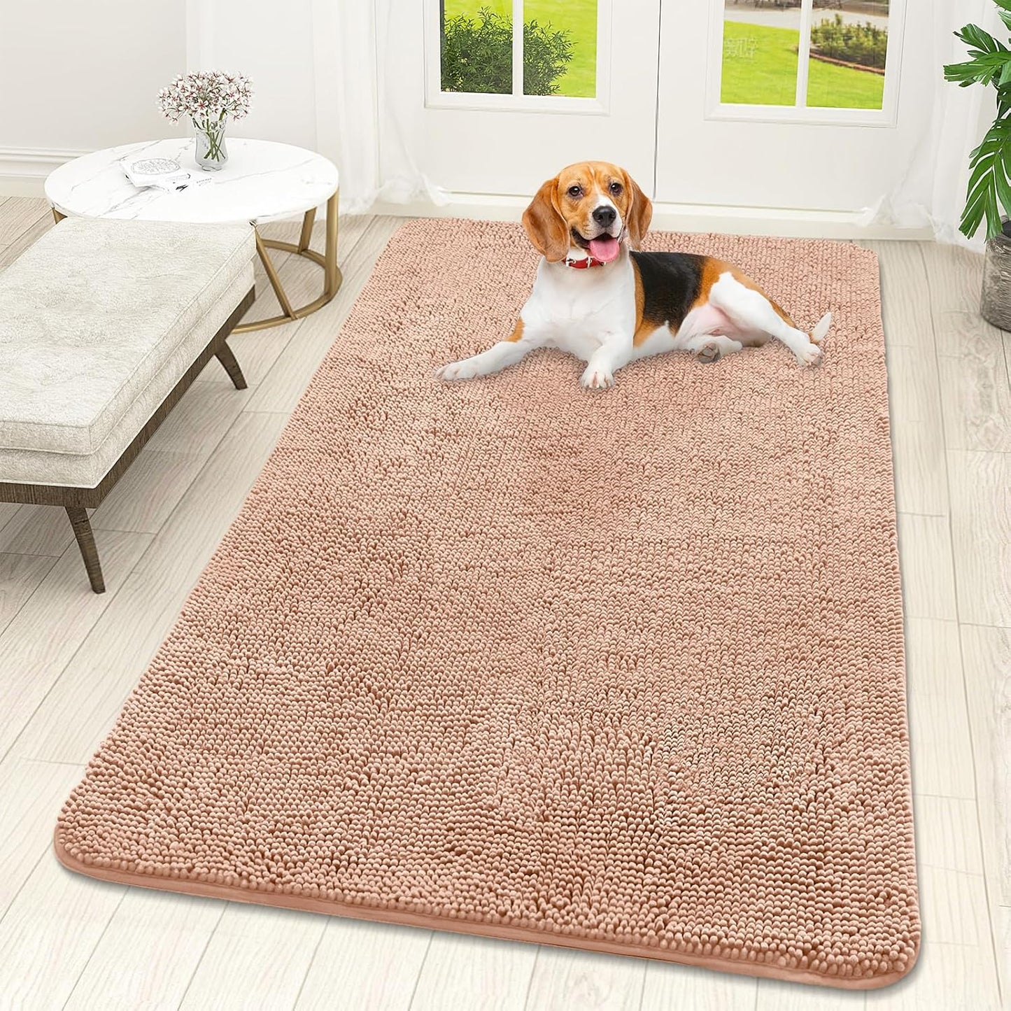 OLANLY Dog Door Mat - Absorbent Non-Slip Chenille for Muddy Paws | Quick Dry 59x32 Peach Indoor Carpet