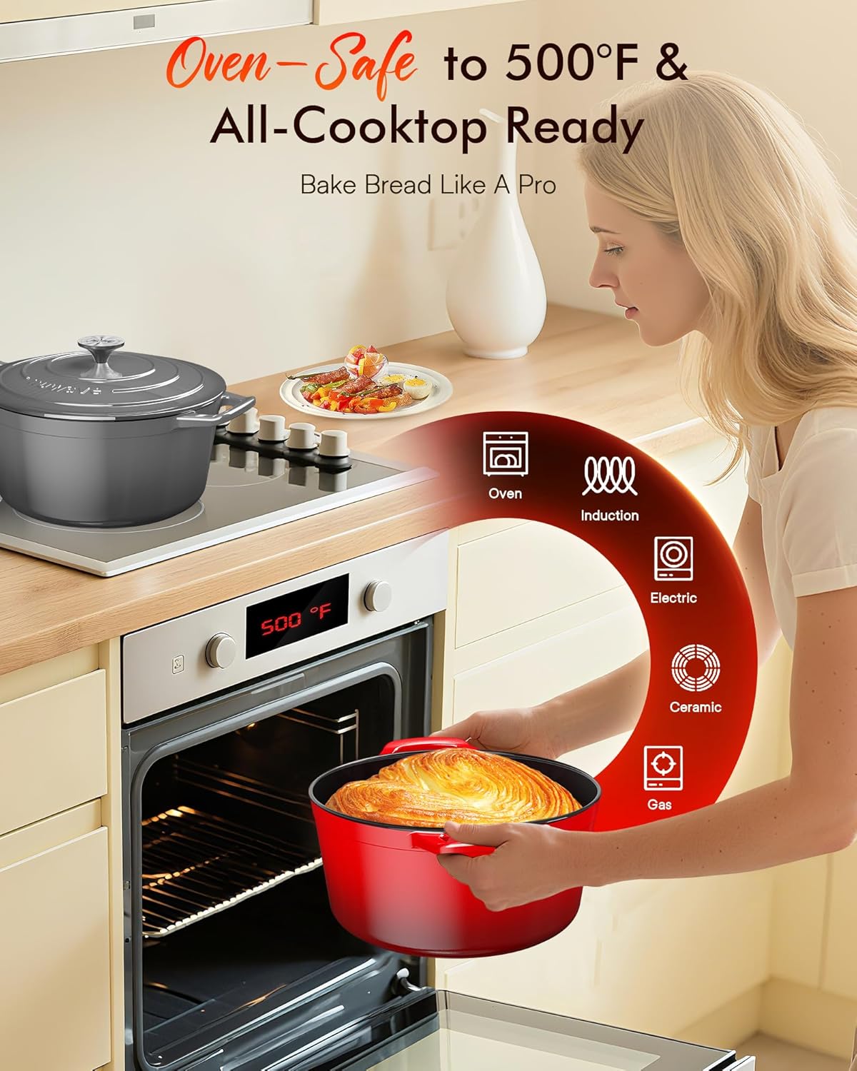 Nuwave 6QT Enameled Cast Iron Dutch Oven - Heavy Duty, Dual Handles, Oven Safe to 500°F for Baking & Roasting