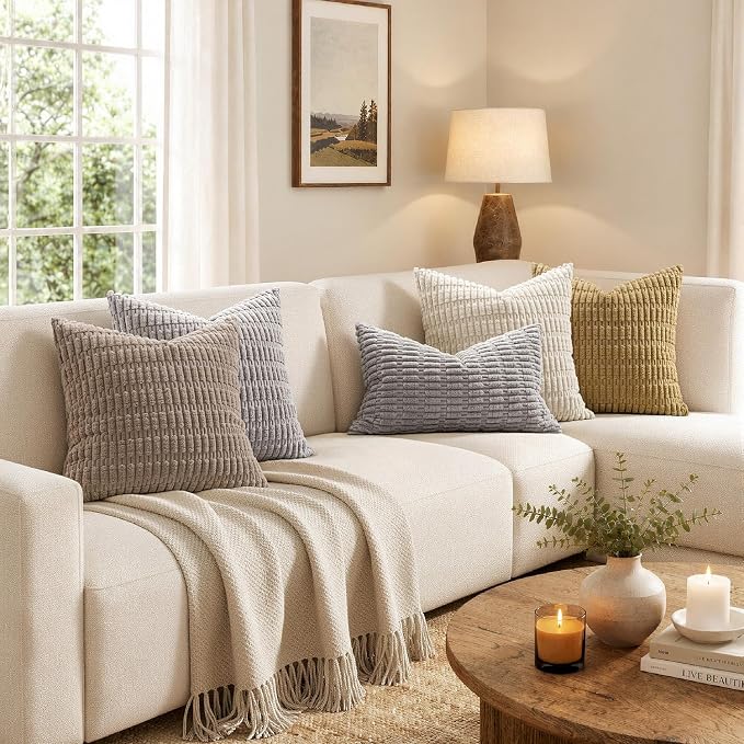 MIULEE Pack of 2 Corduroy Decorative Euro Sham Throw Pillow Covers 26x26 Inch Soft Boho Striped Pillow Covers Modern Farmhouse Home Decor for Sofa Living Room Couch Bed Light Grey