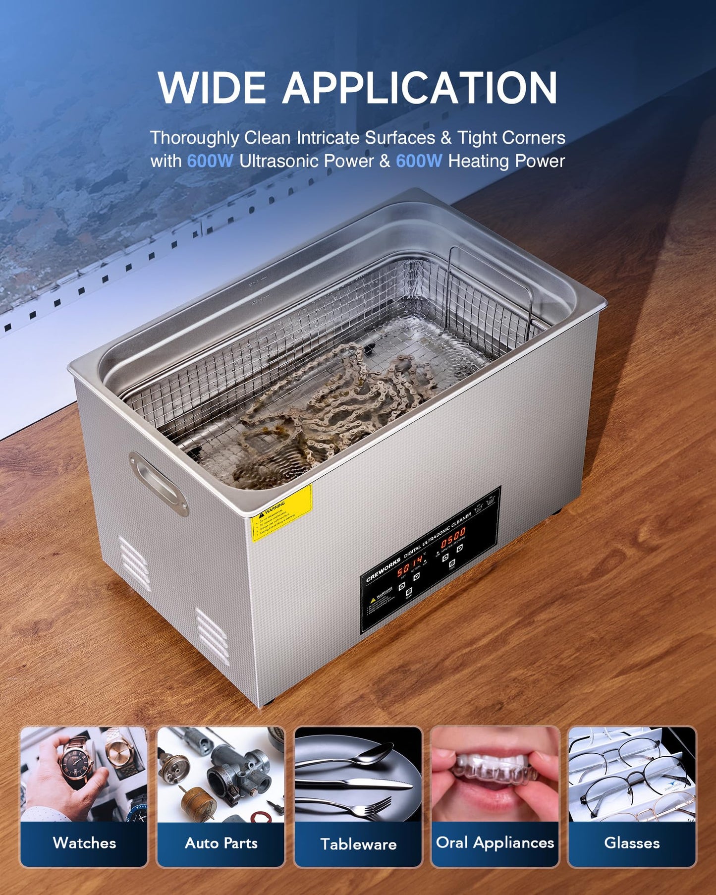 CREWORKS 30L Digital Ultrasonic Cleaning Machine with Heater and Timer, 600W Stainless Steel Ultrasonic Cleaner Machine, 7.9 gal Ultrasonic Parts Cleaner for Retainer Glasses Auto Tool Machine Part