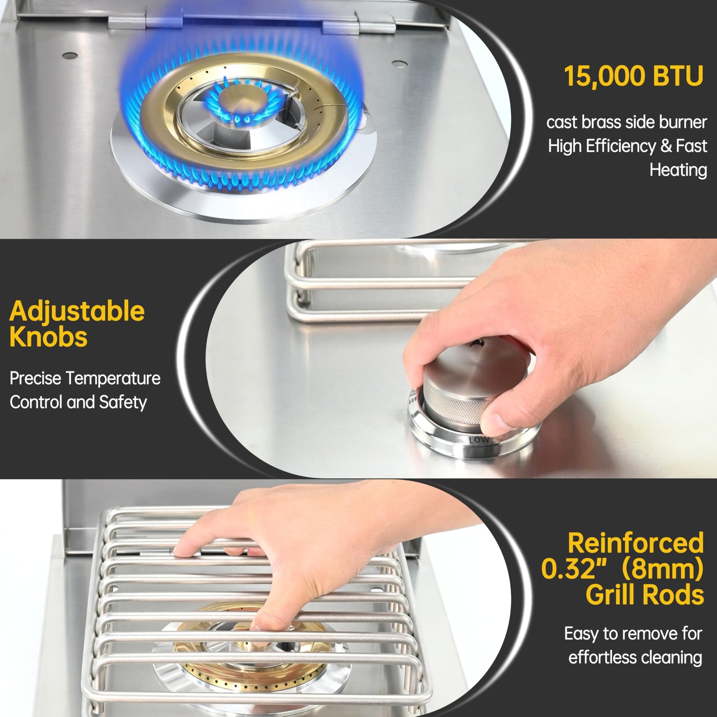 Built-in Single Grilling Side Burner for Outdoor Grill, Heavy-Duty 304 Stainless Steel, Drop-in Side Burner With Cover, 15,000BTU Propane & Natural Gas, Single Side Burner for Family Patio Parties