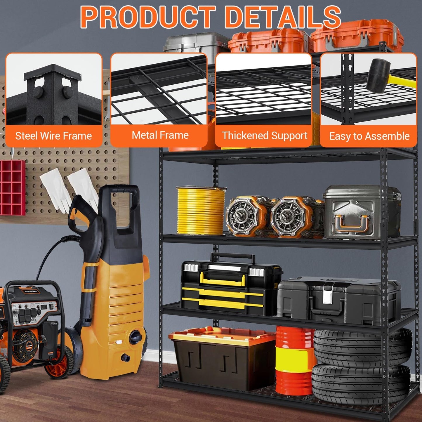 Garage Storage Shelves 5 Tiers, Heavy Duty Storage Shelving Racks with 2500 LBS Capacity, 60 in L x 24 in W x 78 in H Metal Adjustable Utility Shelving Unit for Garage Organization, Basement, Workshop