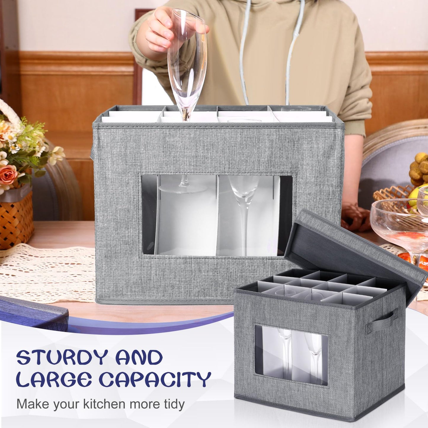 Uiifan 6 Pack Stemware Storage Box Set with Dividers, 12 Compartments Wine Glasses Storage Containers Cases Dust-proof, Transparent Window, Handles for Moving(Gray)