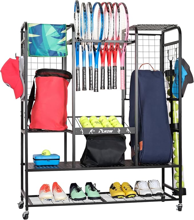 PLKOW Tennis Bag Organizer Tennis Racket Storage Rack, Tennis Equipment Holder for Bags, Balls, Racquet & Accessories, Versatile Gear Organizer for Garage, Club, or School