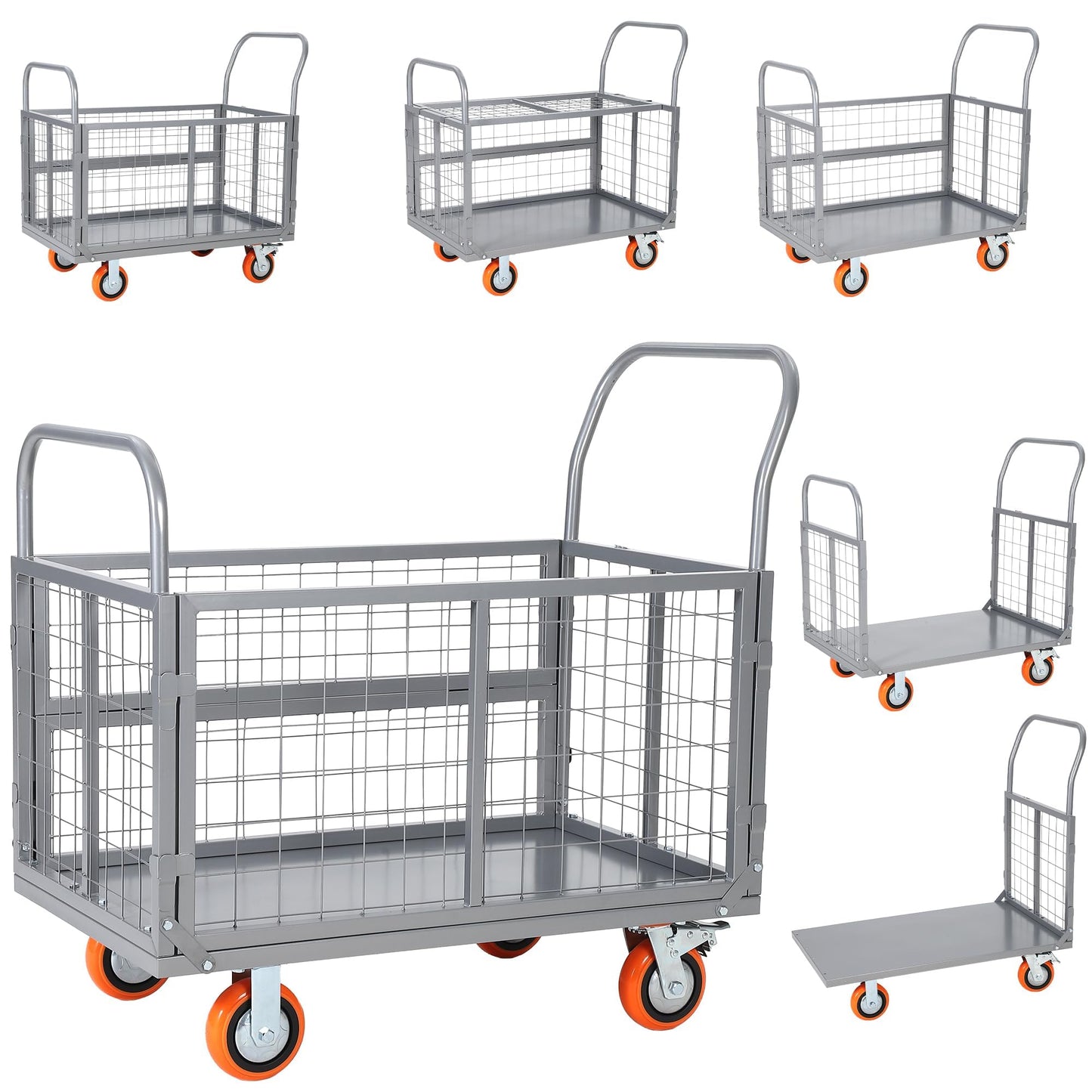 Garvee 1800 Lbs Platform Truck Cart with Cage, Heavy Duty 6-in-1 Foldable Flatbed Cart Hand Truck Dolly, Multi-Functional Push Cart with 360°Wheels, Cage Trolley for Warehouse, Grocery & Moving,Silver