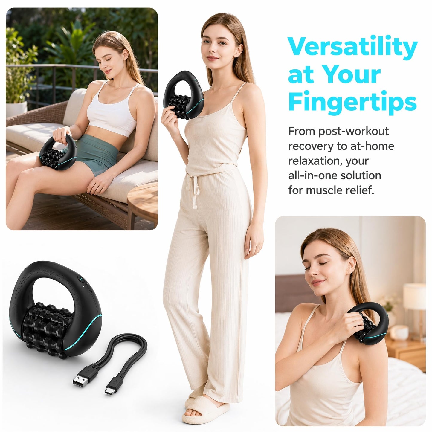bunoju Electric Rolling Percussive Massager - 3-Speed Spin Deep Tissue Muscle Relief, Cellulite Remover Body Sculpting Tool for Back Shoulders Legs Calves Neck Post-Workout Recovery (Black)