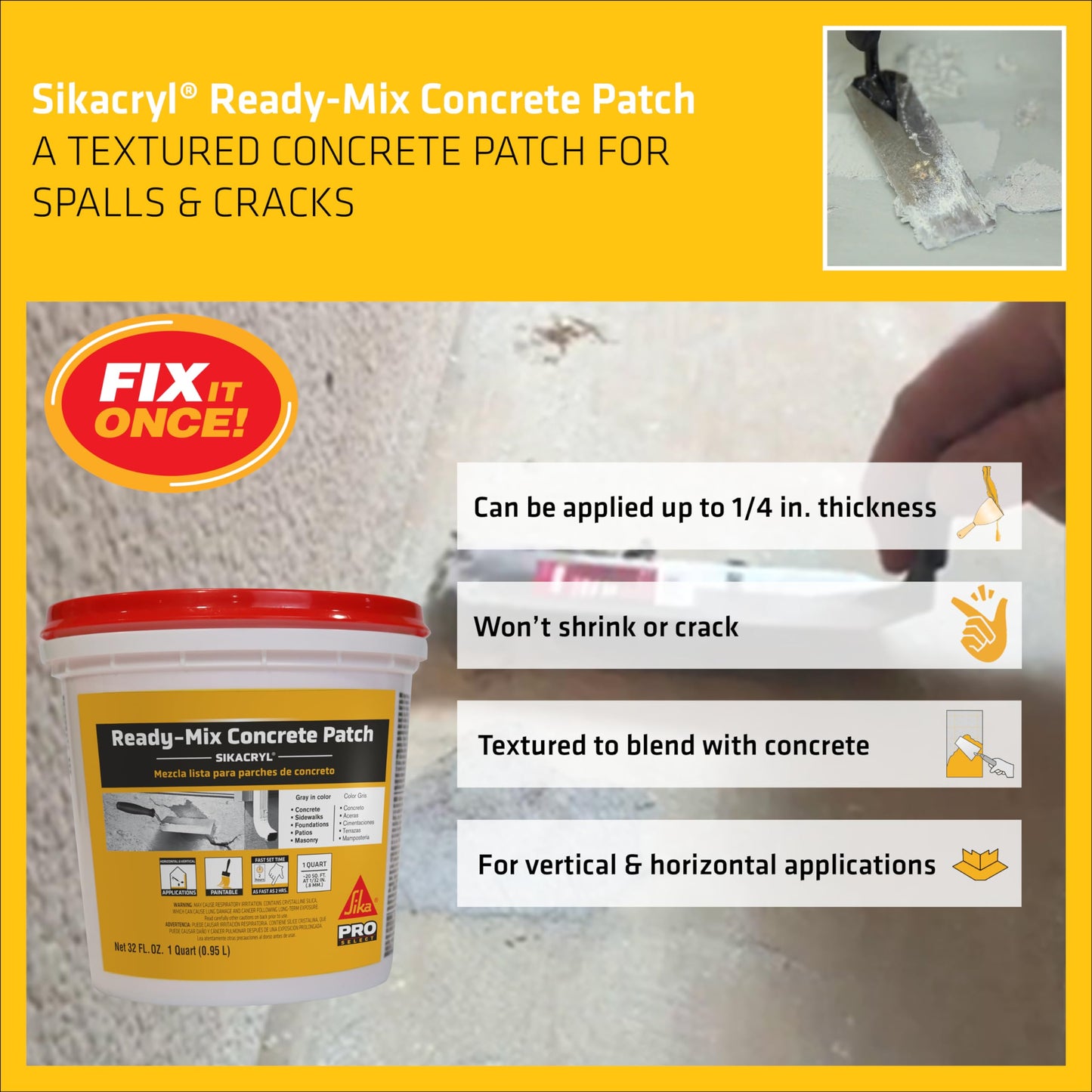 SIKA Sikacryl Ready-Mix Concrete Patch, Gray, Textured, 1 qt (6 Pack) - Durable Repair for Spalls and Cracks in Concrete and Masonry, Easy Cleanup, Acrylic-Based