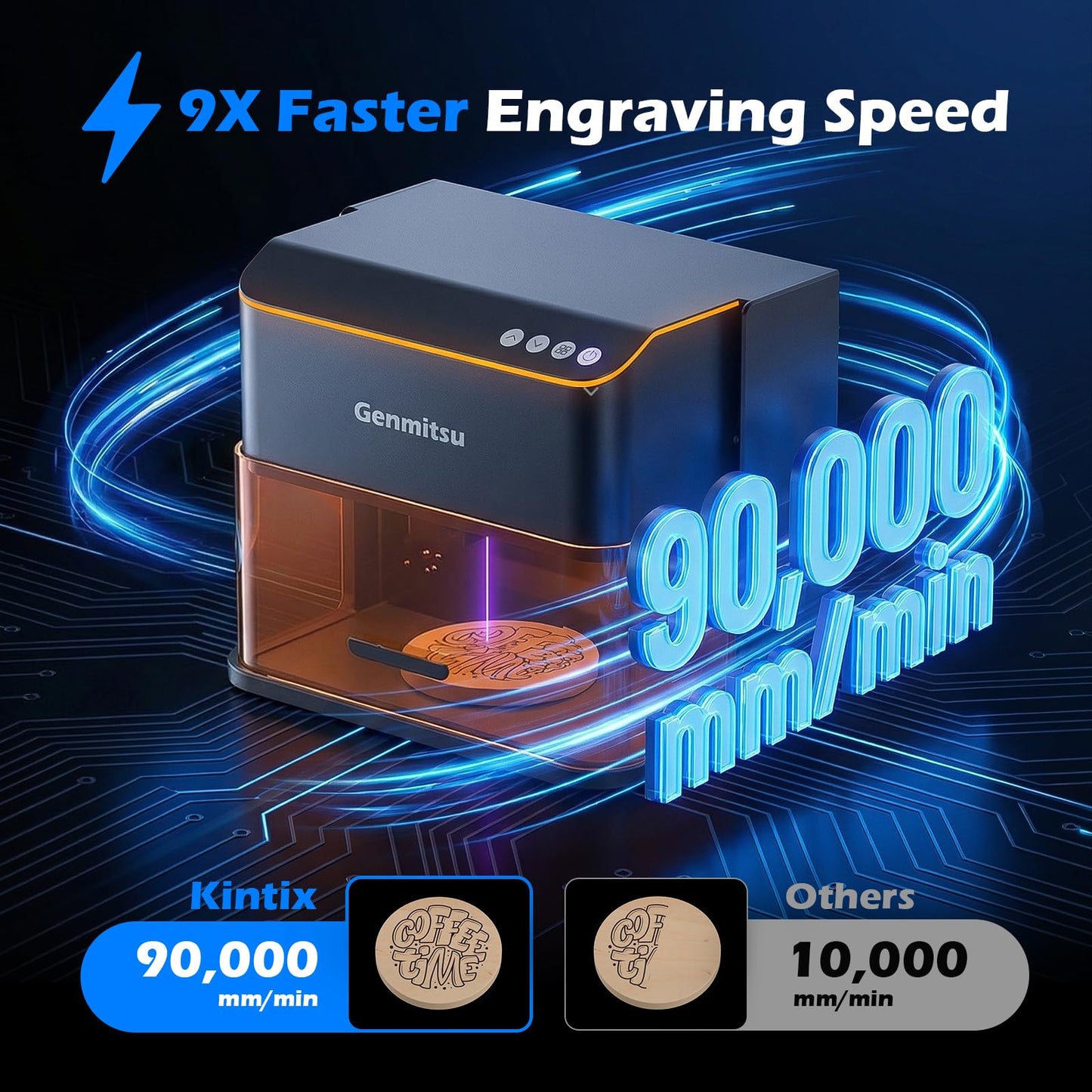 Genmitsu Kintix Laser Engraver 5W 5000mW, 90000mm/min Ultra Fast Galvo Laser with Electric Lifting Focus, 200x100mm Large Area for Jewelry, Metal, Wood, Compatible with LightBurn & APP, Class 1 Safety