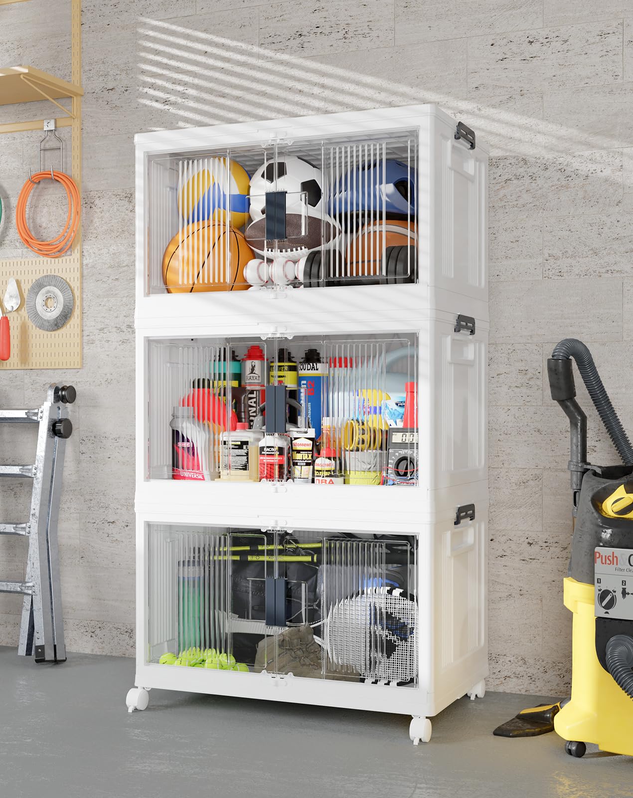 OlarHike 97QT Stackable & Lockable Storage Bins with Lids - Folding Storage Box with Doors and Wheels, Collapsible Plastic Drawers for Closets and Organization, Garage, Shelves, Gifts, 3 Pack Cubes