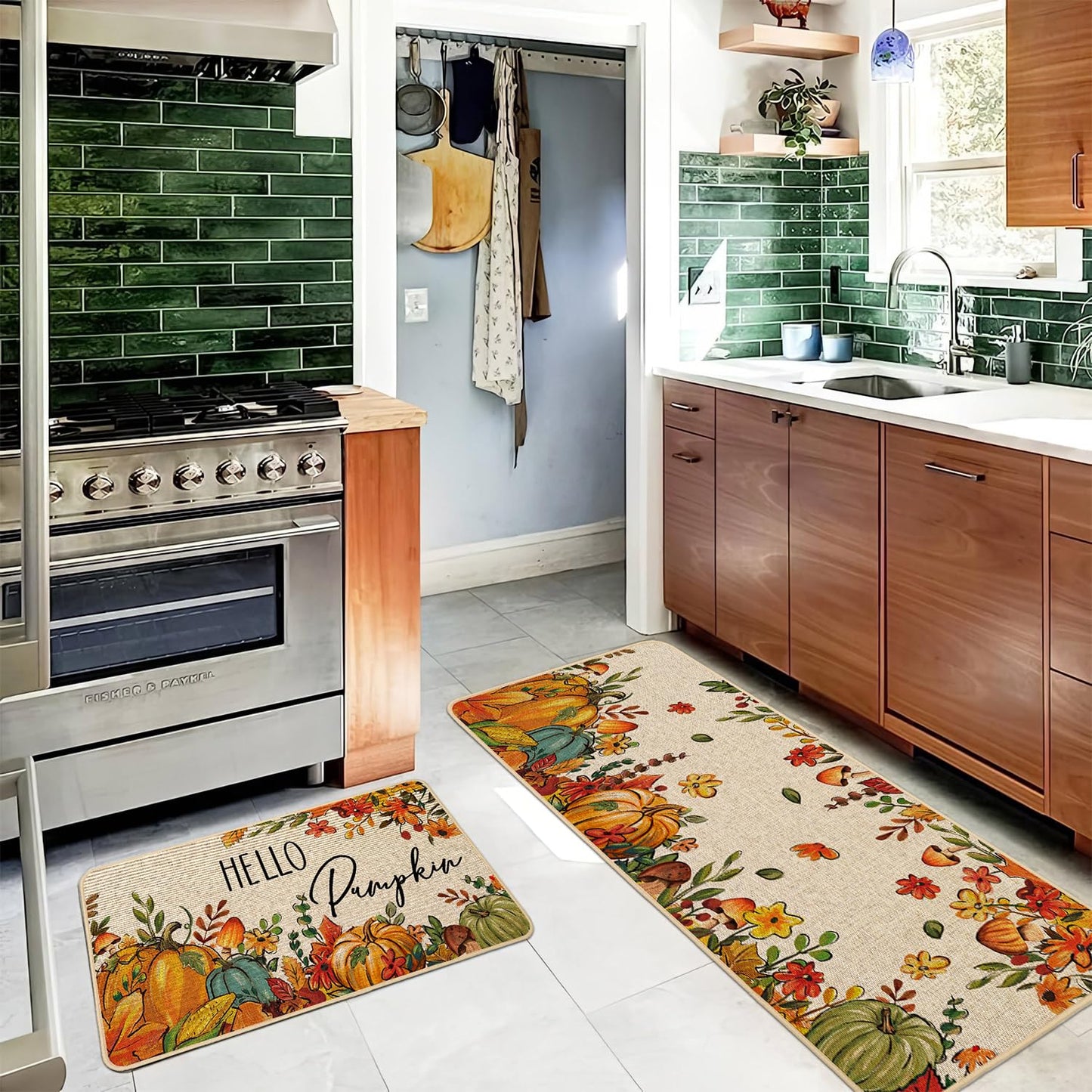Baccessor Fall Pumpkins Kitchen Rugs Set of 2,Thanksgiving Autumn Pumpkins Floral Leaves Low-Profile Non Slip Absorbent Kitchen Mats for Floor Farmhouse Home Decor 17x29 and 17x47 Inch