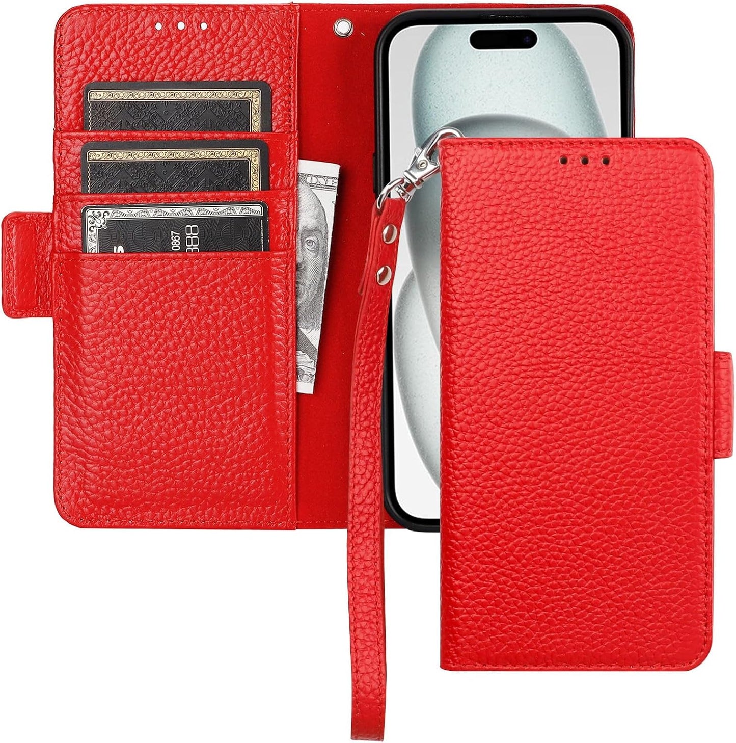 Bocasal 15 5G, 6.1 Inch Wallet Case for iPhone Genuine Leather Support Wireless Charging RFID Blocking Flip Case Card